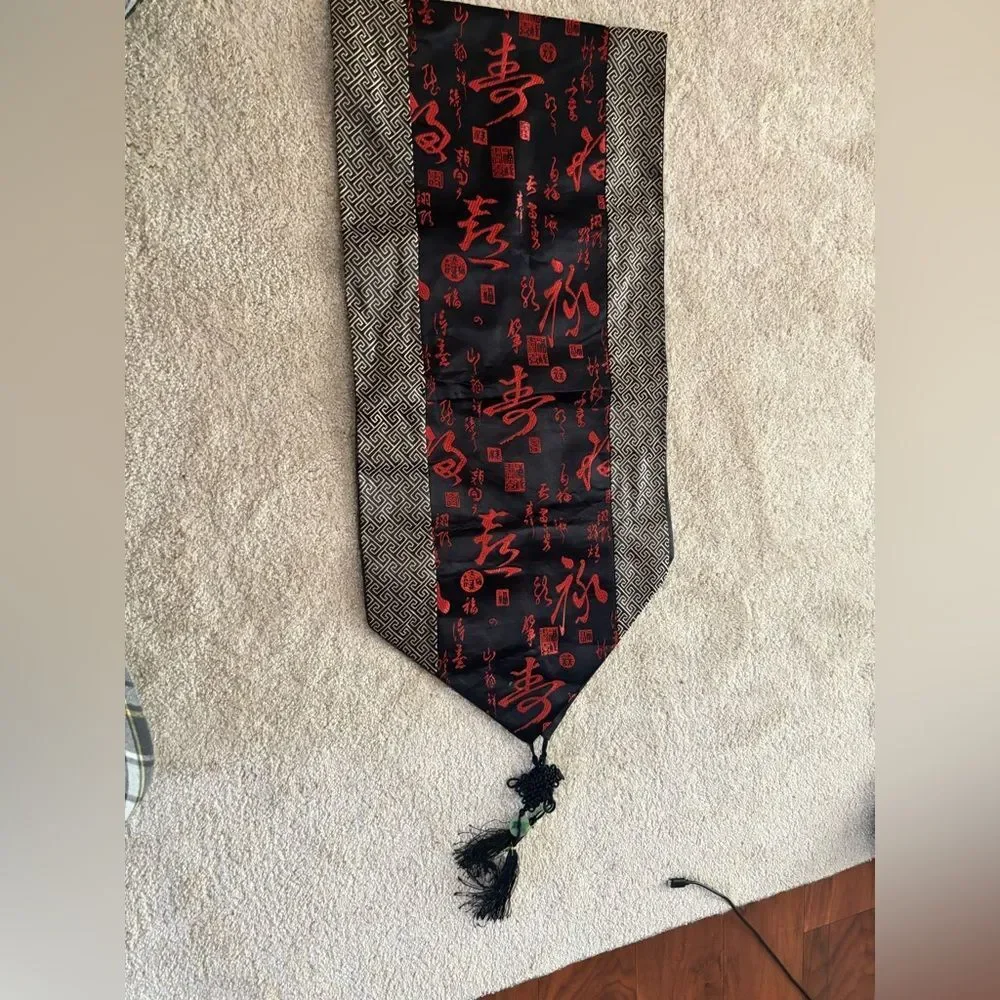 Black Red Chinese Silk Satin Brocade With Two Tassels Table Runner